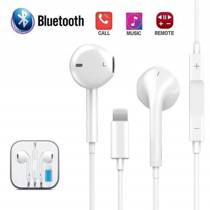 Auriculares intrauditivos Bluetooth con cable y conector Lightning para iPhone 7, 8 Plus, X, XR, XS Max - Blanco