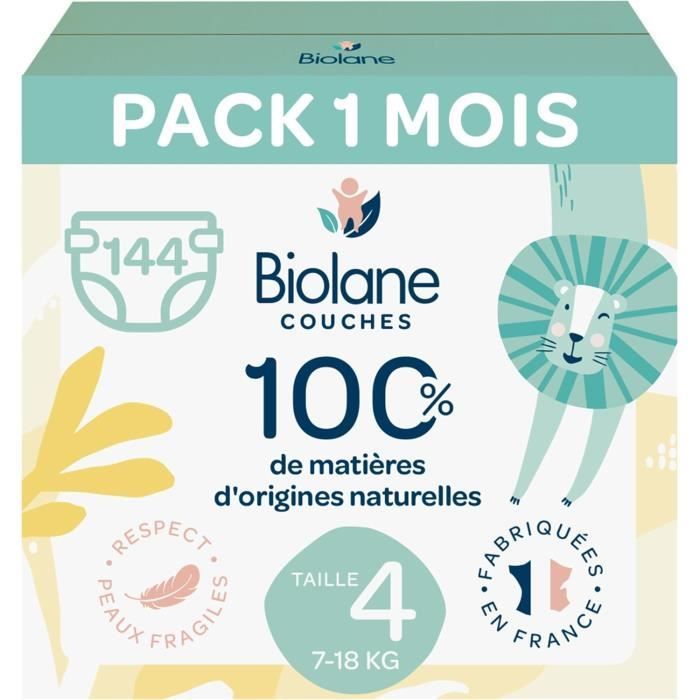Biolane – Windeln Größe 4 – 7–18 kg – Monatspackung mit 144 Windeln – Hergestellt in Frankreich