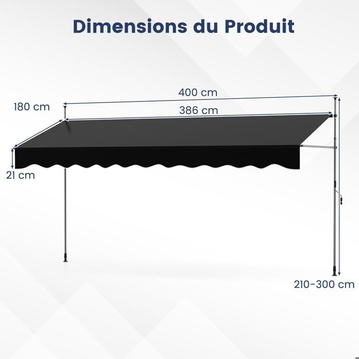 COSTWAY Store Banne Manuel Rétractable 4 x 1,2M - Manivelle Hauteur Réglable 210-300CM, Auvent de Terrasse Anti UV Noir