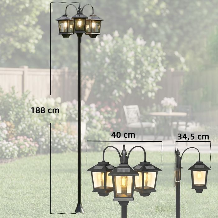 Lámpara de pie solar para exteriores Outsunny - 3 cabezales - Sensor automático crepuscular - IP44 - Aluminio - 188 cm - Negra