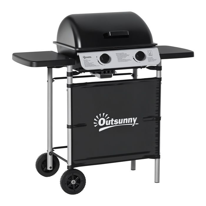 Gas barbecue - Outsunny - 2 stainless steel burners - 2.8 kW power - 2 grills, 2 side shelves, 2 wheels - black