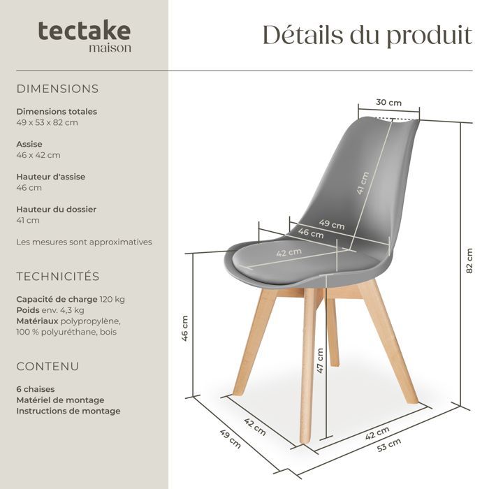Sillas de comedor - TECTAKE - Juego de 6 sillas de comedor FRÉDÉRIQUE, estilo escandinavo, forma ergonómica - Gris
