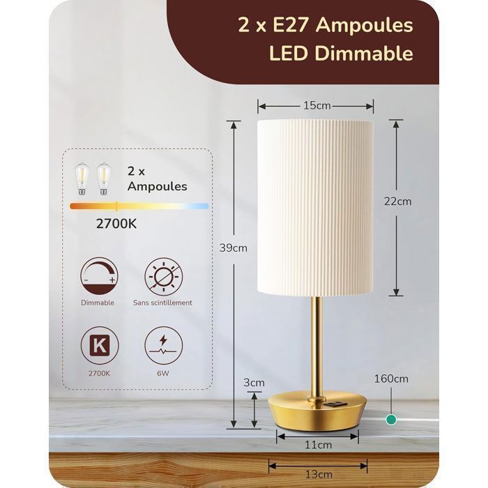 EDISHINE Touch tafellampenset van 2, USB A+C, dimbare lamp inbegrepen, geplooide lampenkap