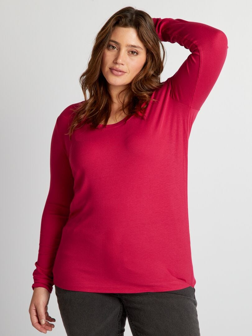 Camiseta suave de canalé con escote ancho - ROSA