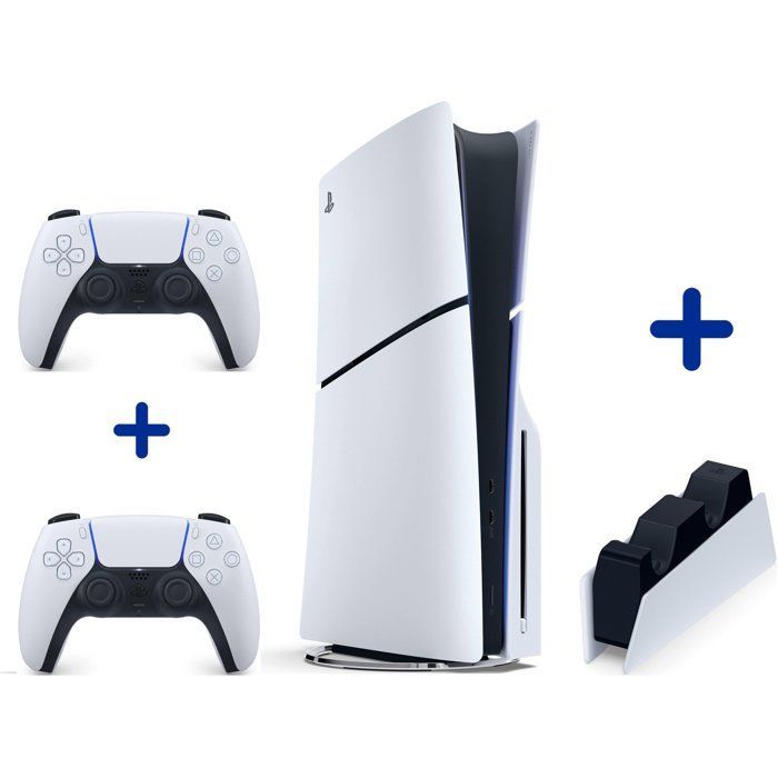 Pack PS5 Standard (avec lecteur CD) : Console PlayStation 5 (Modèle Slim) + 2ème Manette Blanche + Station de charge pour DualSense