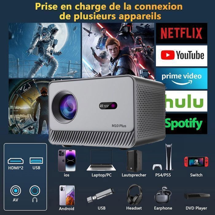 【Auto Focus/Keystone】Vidéoprojecteur 4K,30000 Lumens projecteur 1080P Full HDWiFi Projecteur pour iOS/Android/TV Stick -Avec
