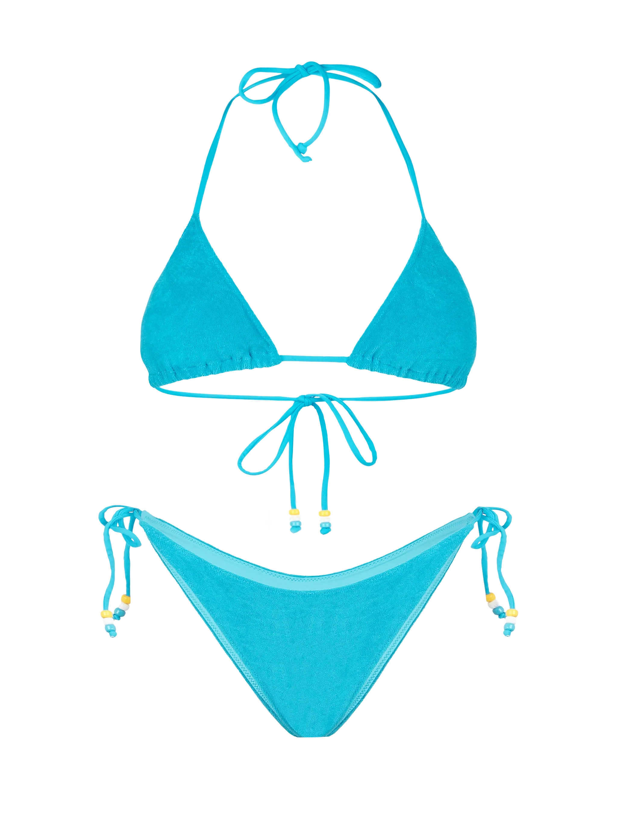 Turquoise damesbikini met sponsmotief en driehoekige vorm, versierd met bedeltjes.