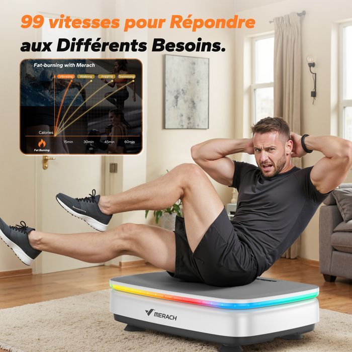 Plateforme Vibrante motorisée MERACH, 9 programmes, 99 Vitesses, Antidérapant, Écran LED, Télécommande, Bluetooth, 150kg Max, Blanc