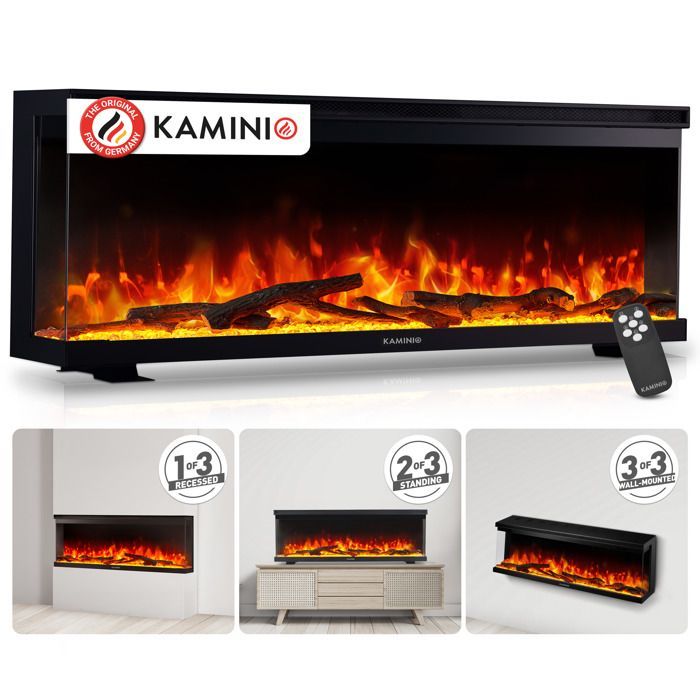 Electric Fireplace - KAMINIO - LEA - 3-in-1 - Panoramic View - Remote Control - 1800W