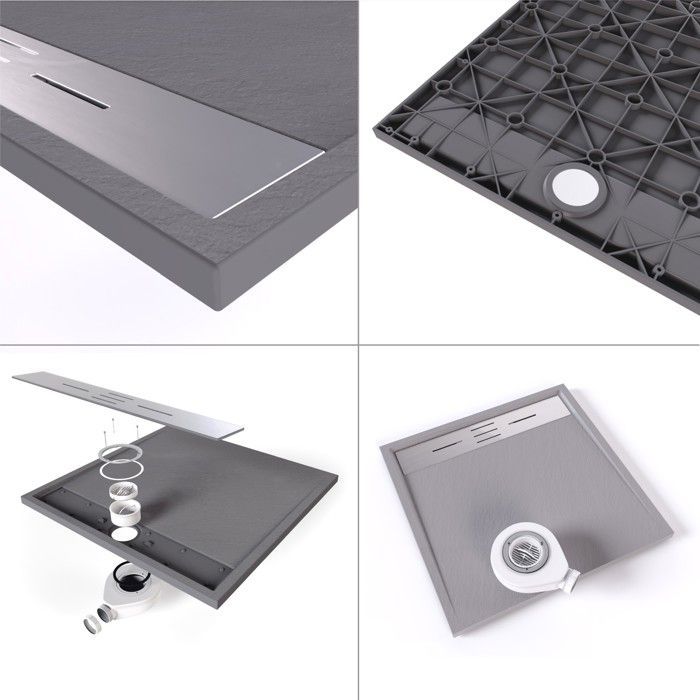 HIEMAL INOX Stone look shower tray + colored stainless steel drain - Grey, Model - 80 x 120 cm