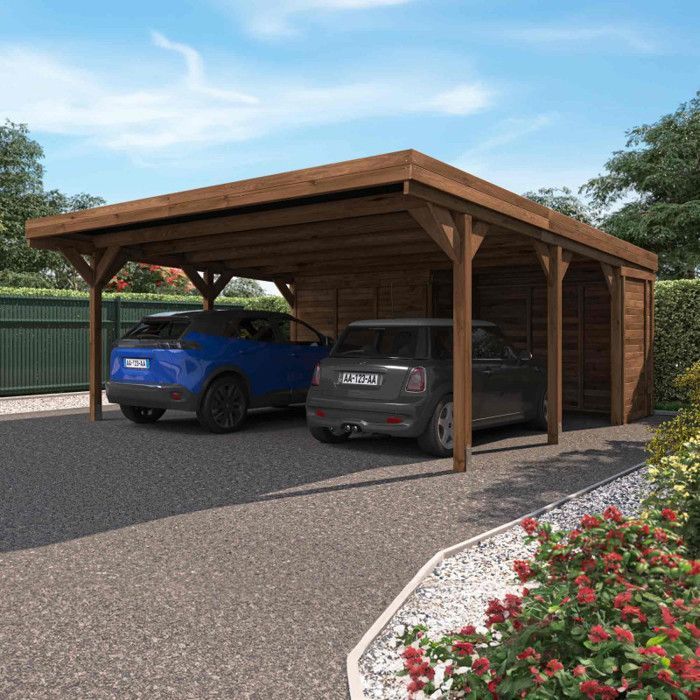 Carport aus Holz für 2 Autos mit Anbau, 39 m²