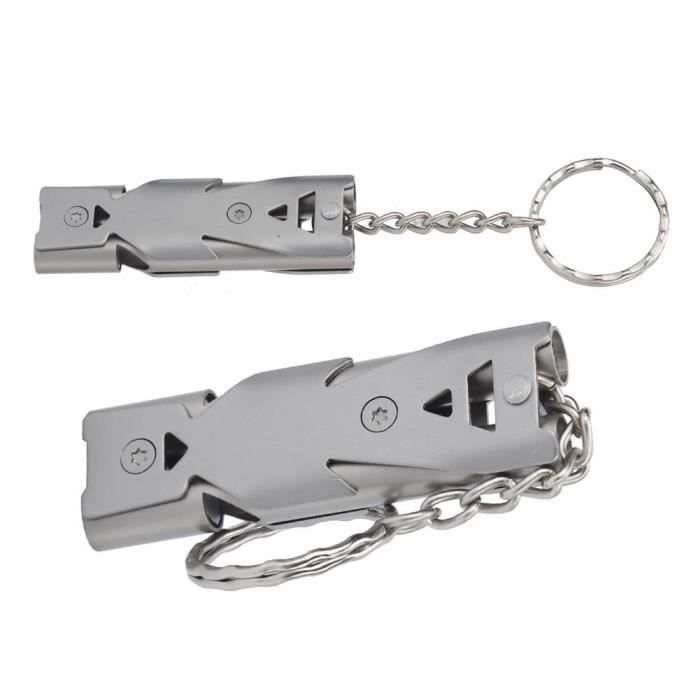 Silbato de doble tubo para supervivencia al aire libre con llavero. Silbato de seguridad de acero de doble tubo HB008.