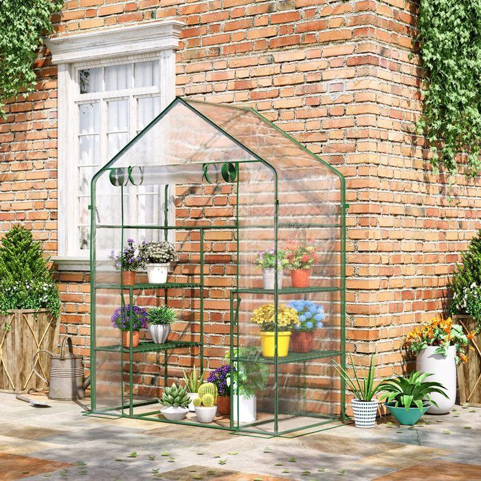 Invernadero de jardín Outsunny - Estantes de 3 niveles, balcón, cubierta reforzada, puerta enrollable con cremallera - Acero - 142x73x195cm - Verde
