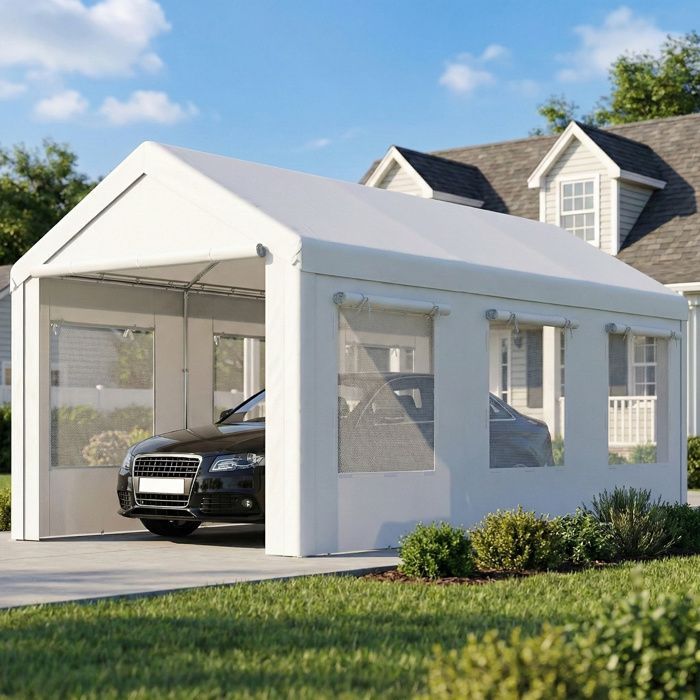 Cochera Outsunny con protección UV30+, altura regulable, 6 ventanas y mosquitera, acero galvanizado, 3x6m, color blanco.