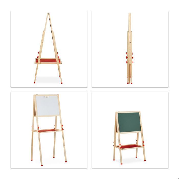 Relaxdays Tableau droit enfant; blanc et pour craie, réglable en hauteur, chevalet en bois, 102-135 x 55 x 52 cm, nature