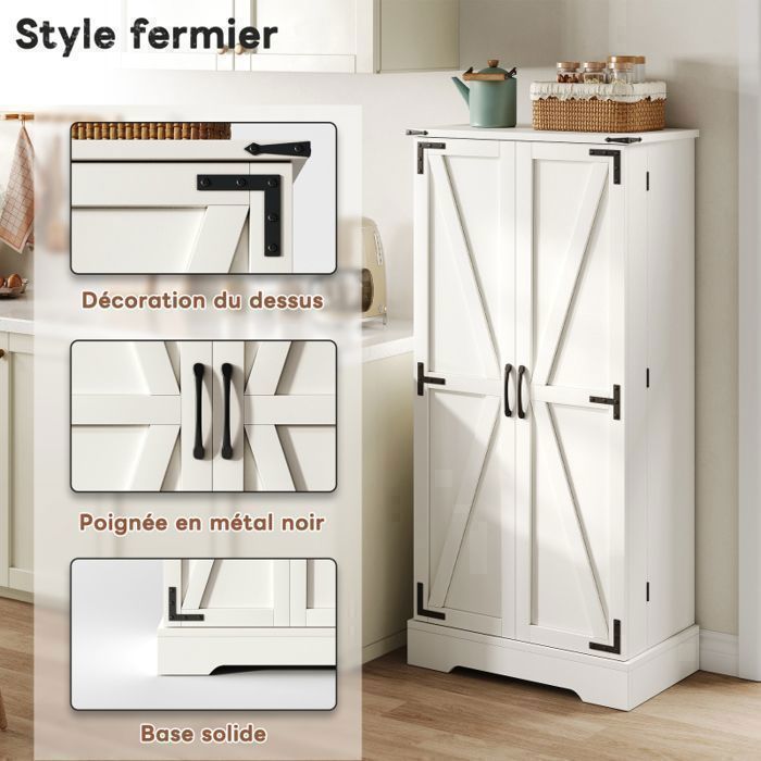 Buffet de Cuisine avec Éclairage LED Intégré - Meuble Armoire Haut 128cm pour Petit Espace - 2 Portes et 10 Étages Réglables