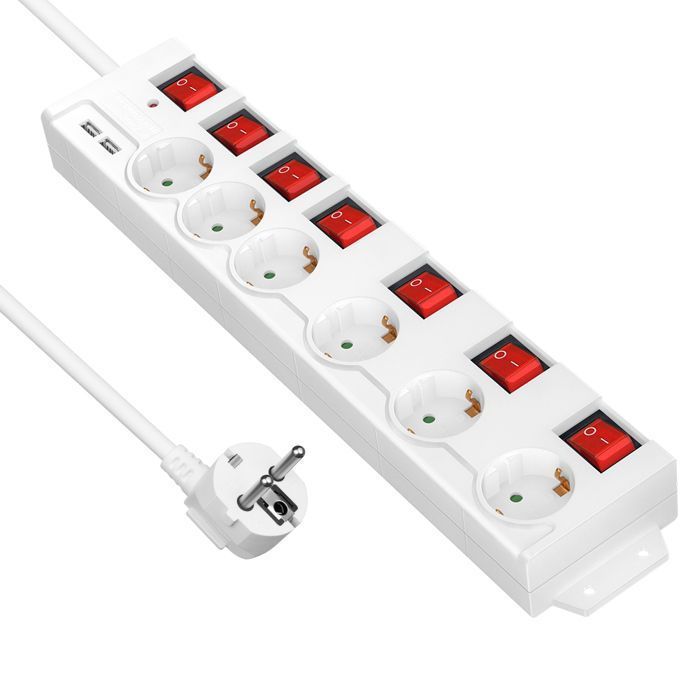 DEWENWILS 3680W strømskinne, 6 x 16A stikkontakter med 2 USB-porter, individuelle brytere, 2m hvit kabel