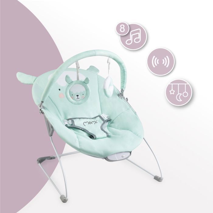 MoMi GLOSSY – Sdraietta leggera per neonati con modulo sensoriale – 8 melodie – 3 livelli di vibrazione – Giocattoli – Lama verde
