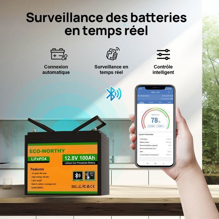 ECO-WORTHY 12V 100AH Lithium Battery with Bluetooth, LiFePO4 Battery, BMS and Low Temperature Protection, 4000+ Hours for Motorhomes