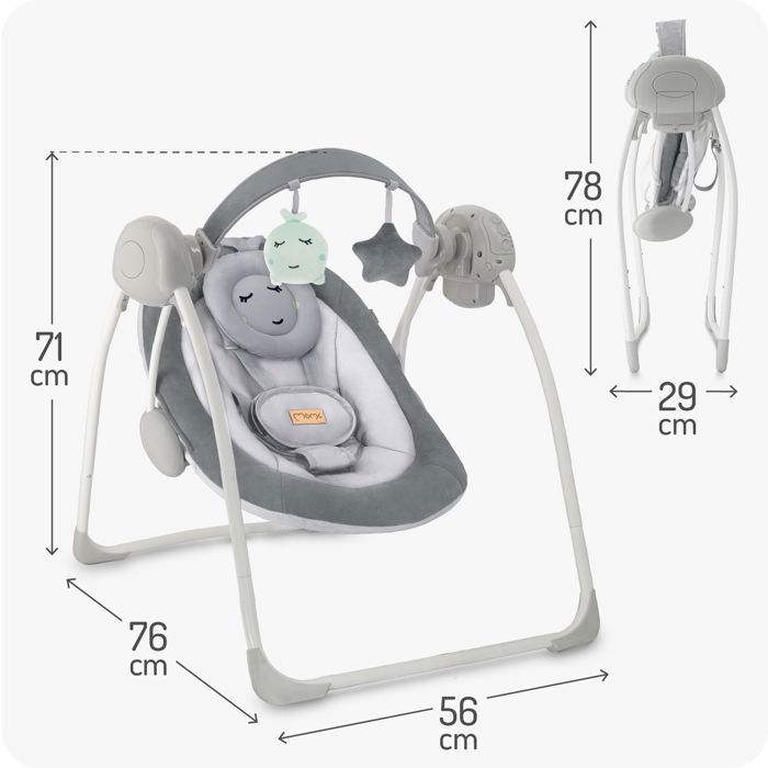 MoMi LISS – Altalena elettrica pieghevole per neonati – 5 velocità – Timer – 6 melodie – Giocattoli regolabili – Grigio