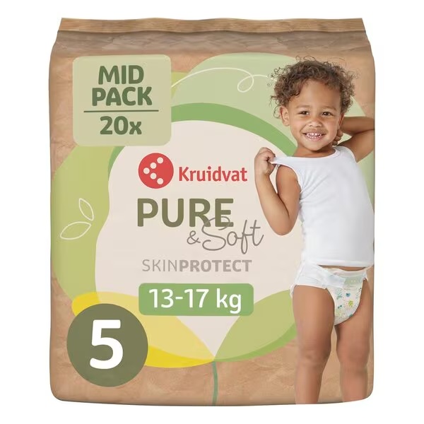 Plienky Kruidvat Pure & Soft veľkosť 5, stredné balenie, veľkosť 5 (10-16 kg), 20 kusov