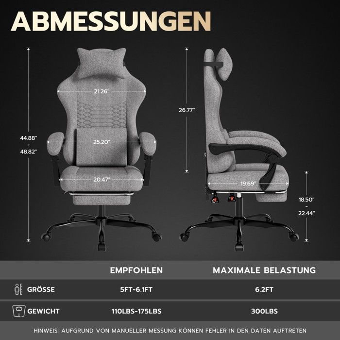 Fauteuil De Bureau Gaming, Chaise gaming massage ergonomique racing, appui-tête, repose-pieds, Gris Clair, 58.5x63x120.5cm
