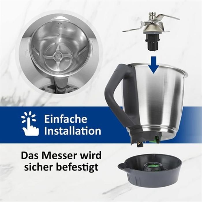 Vervangend mes voor de Vorwerk Thermomix TM31 keukenmachine, beschermkap en stalen meskoponderdelen.