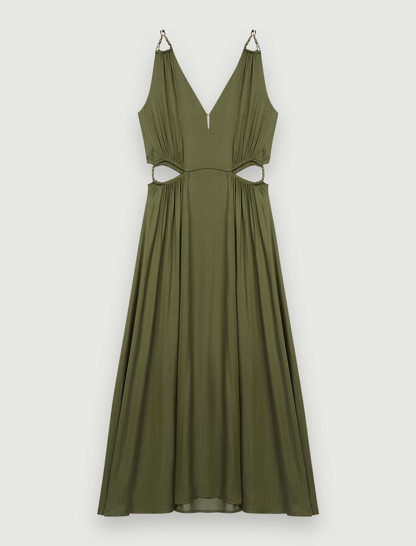 Rochie din satin deschisă în talie - Kaki