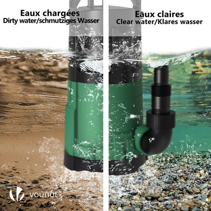 Bomba sumergible VOUNOT® 3 en 1: agua limpia, agua sucia y desagüe inferior - 13.500 l/h - Profundidad de 7 m - Aspiración inferior