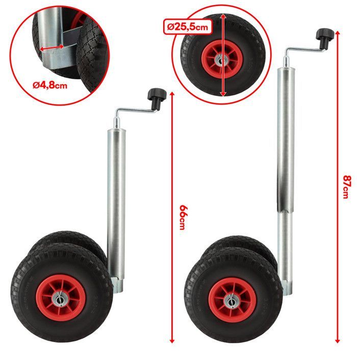 Rueda jockey doble - Tubo metálico de 48 mm - Neumáticos antipinchazos de 260x85 mm - Para caravanas y remolques