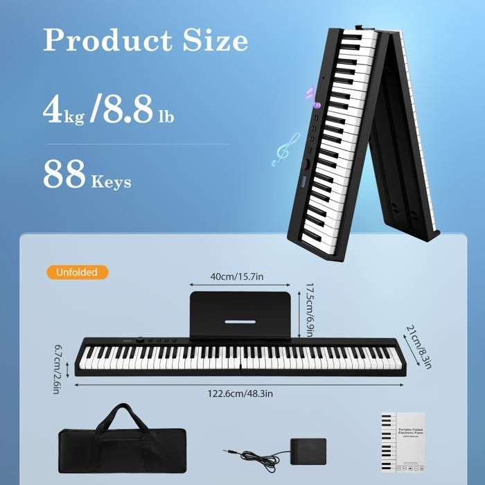 Teclado eletrônico TTLIFE de 88 teclas, piano multifuncional, teclado eletrônico de 128 timbres, dobrável em 180°