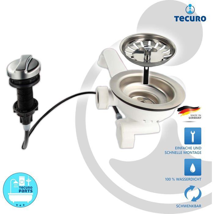 Bonde évier 3 1/2'' tecuro inox avec tamis amovible et commande rotative (câble 50 cm)