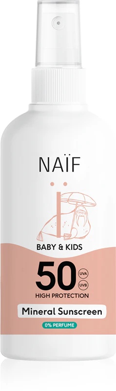 Naif Baby & Kids mineralna krema za sončenje SPF 50 0% parfumirana zaščita pred soncem v spreju