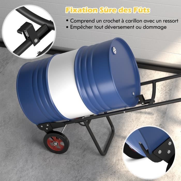 Carro de mano para bidones COSTWAY con 2 ruedas de goma y asas ergonómicas de EVA, gancho de fijación con resorte, capacidad de carga de 545 kg.