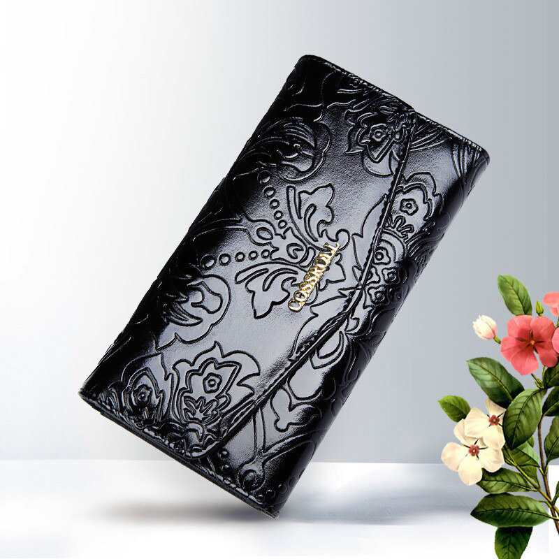 Portefeuille femme avec poche pour téléphone portable, pochette longue en cuir véritable, porte-monnaie zippé, étui pour cartes RFID.