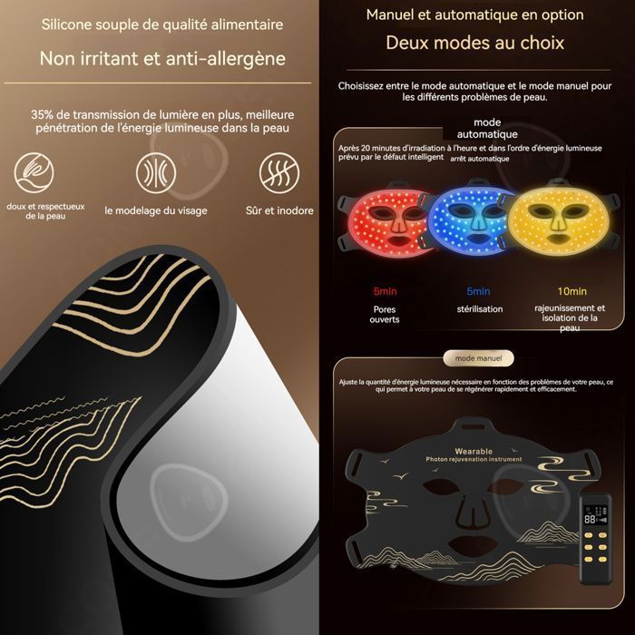 C Masque LED ipx6 étanche 4 couleurs avec 280 lumières LED masque de luminothérapie multifonctionnel Solarium Visage Lampe