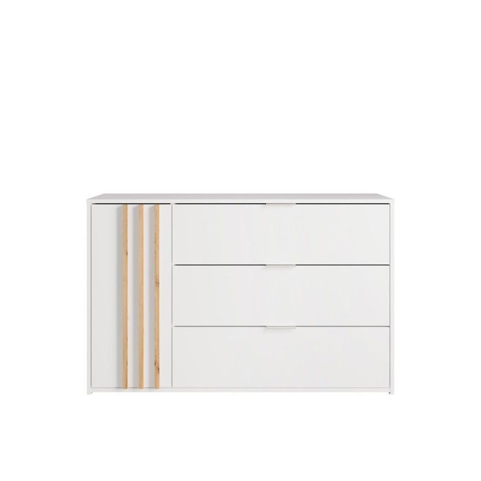 Chambre complète FLORENCE – Lit 160x200 + sommier + tiroirs + armoire + commode – Blanc et chêne