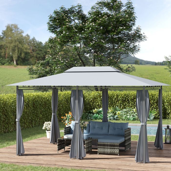Cenador de jardín - Outsunny - pabellón de estilo colonial con doble techo y paneles laterales - acero - 3x4x2,8 m - gris
