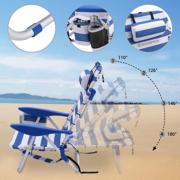 Silla de playa portátil SONGMICS con almohada, reclinable, estilo mochila, silla de exterior, rayas azules y blancas GCB62BU