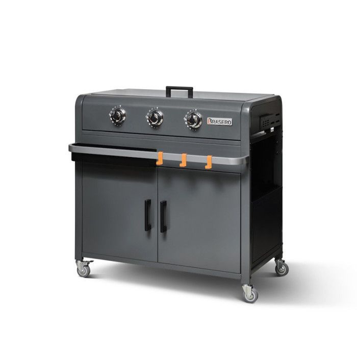 Lola Gun Metal Plancha Grill on Cart - Fire Pit - 3 Gas Burners - Stainless Steel Cooking Plate - 68.5 x 35.50 cm - 7.2 kW