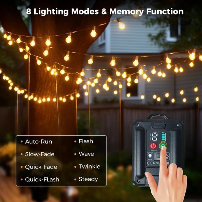 Guirnalda de luces solares para exteriores de 10 m, resistente al agua IP65, 4 modos de luz blanca cálida.