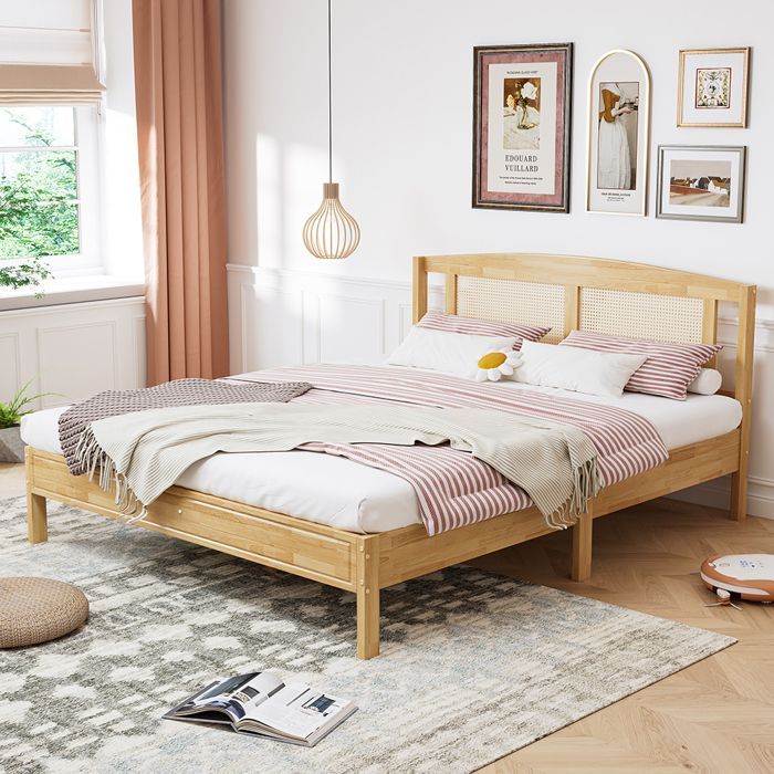 Lit adulte 160x200cm Lit double - avec lattes et pieds centraux - SWEIKO - pin + rotin PE Naturel