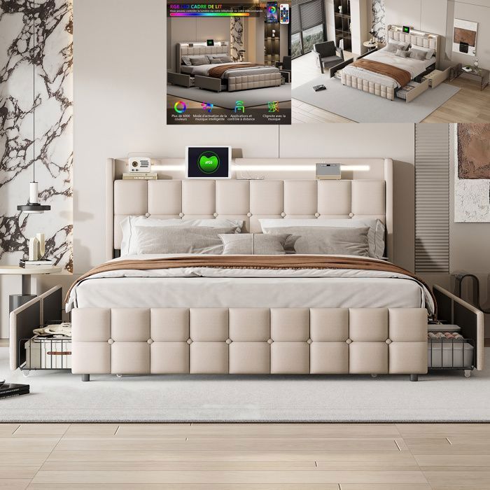 Cama doble de 140x200 cm con iluminación LED y 4 cajones, puerto USB, cama individual de 140x200 cm con somier de láminas, cama de 140x200 cm, tela de lino, beige