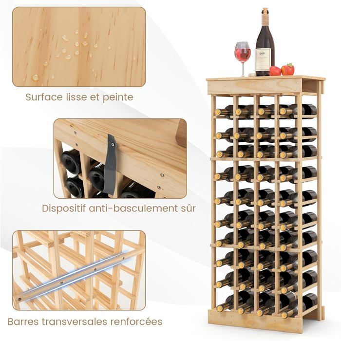 Botellero de madera maciza de pino COSTWAY para 40 botellas, estante modular para vino, ideal para bar o cocina, 46,5 x 27,5 x 113 cm.