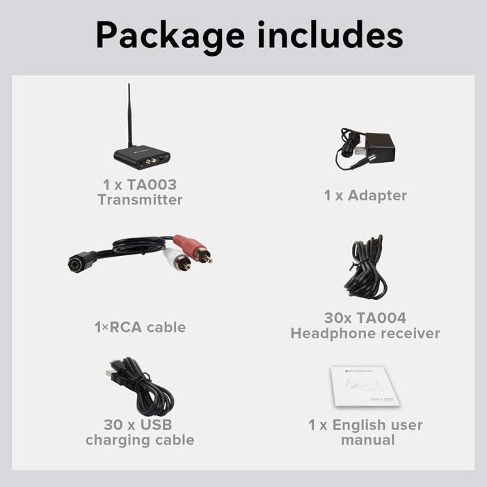 Retekess TA004 Silent Disco Starter Kit, Draadloze hoofdtelefoon voor tv, Draagbare disco-hoofdtelefoon met pager, 3 kanalen, bereik van 200 meter, 30 hoofdtelefoons