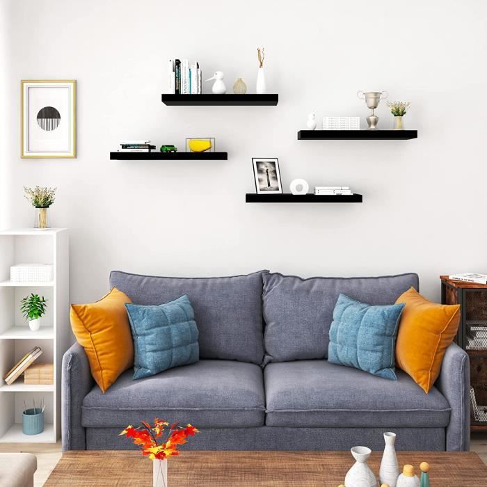 WOLTU 4 x Estante de pared, Estante de pared de panel de madera, Estante flotante, Librería, 60x22.9x3.8cm, Negro RG9478sz-4