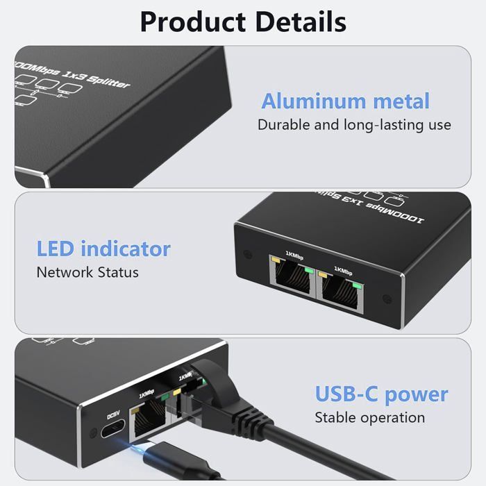 1 auf 3 RJ45 1000-Mbit/s-Ethernet-Switch, Gigabit-Splitter/Multiport für Computer, Switch, Router, Set-Top-Box, Fernseher