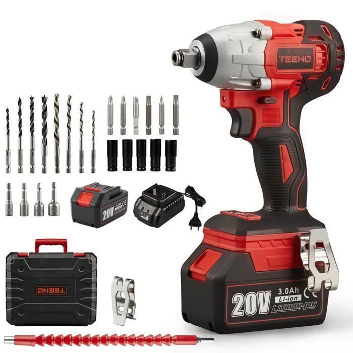Llave de impacto inalámbrica TEENO - Roja - 320 Nm - 2 baterías de 3,0 Ah - Caja con 25 accesorios