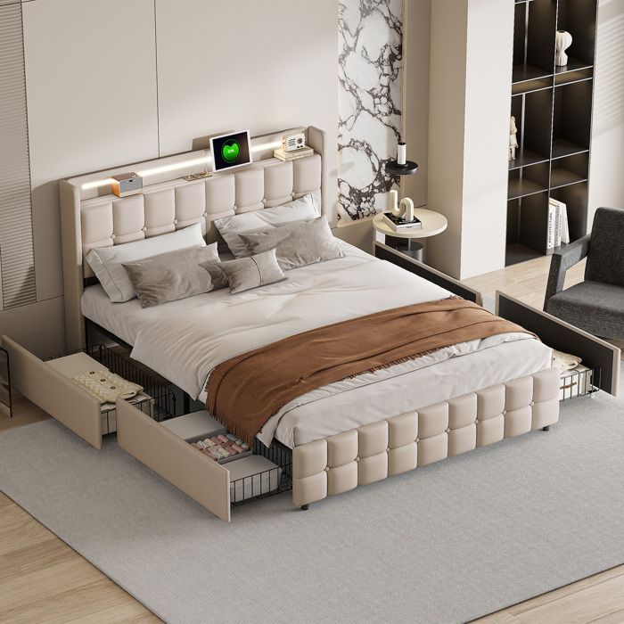 Cama doble tapizada de 180x200cm, cama adulta con iluminación LED, cajones y cargador USB, cama con espacio de almacenamiento, con somier de láminas, color beige.