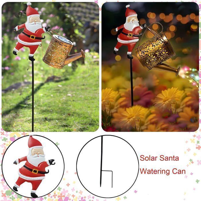 Gieter met zonneverlichting en kerstmanfiguur, kerstdecoratie met fonteineffect, waterdichte kleurrijke LED-lichtslinger voor de tuin